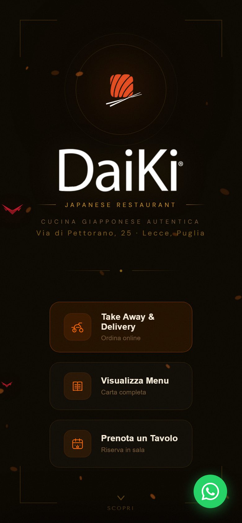 La prima schermata di Daiki: ordina, menù, prenota