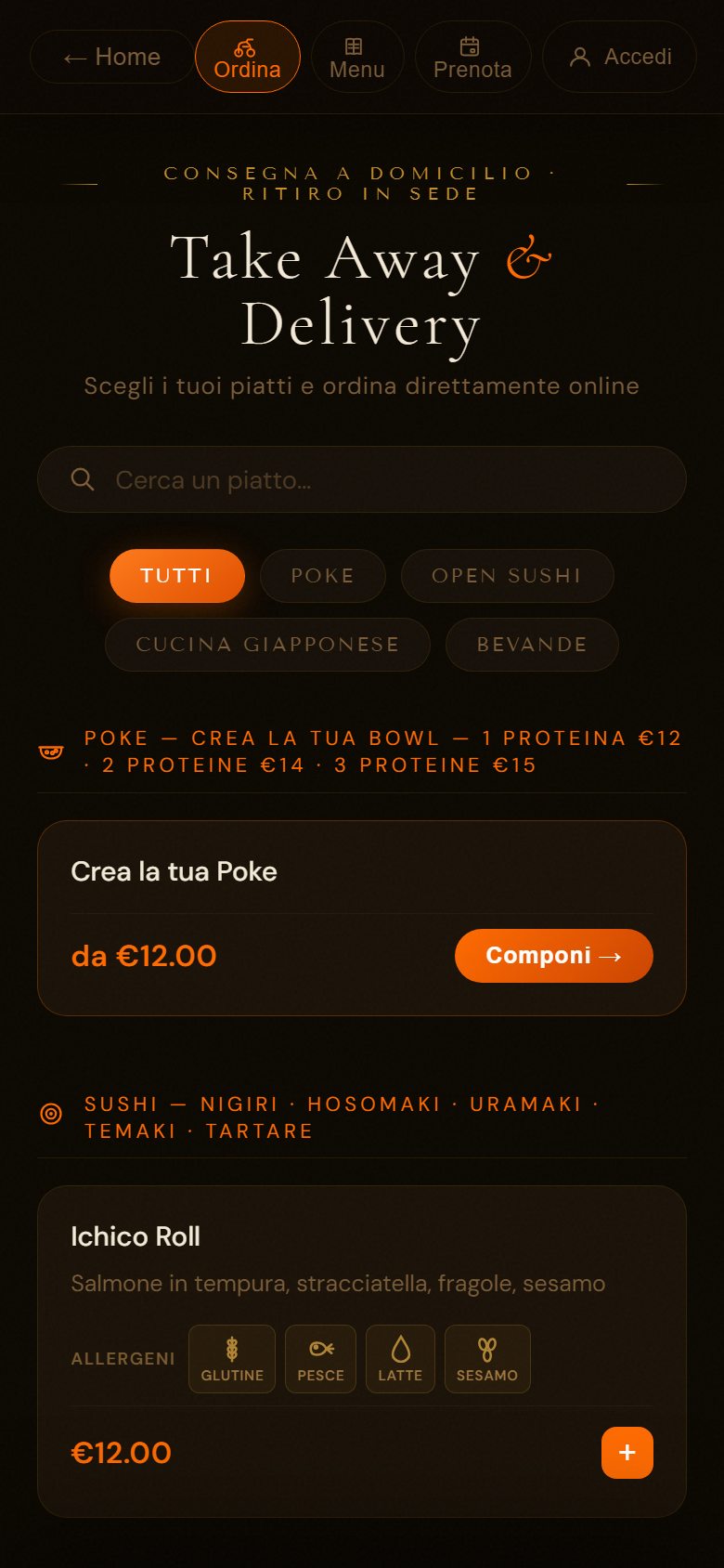 La pagina per ordinare di Daiki, con ricerca, categorie e allergeni