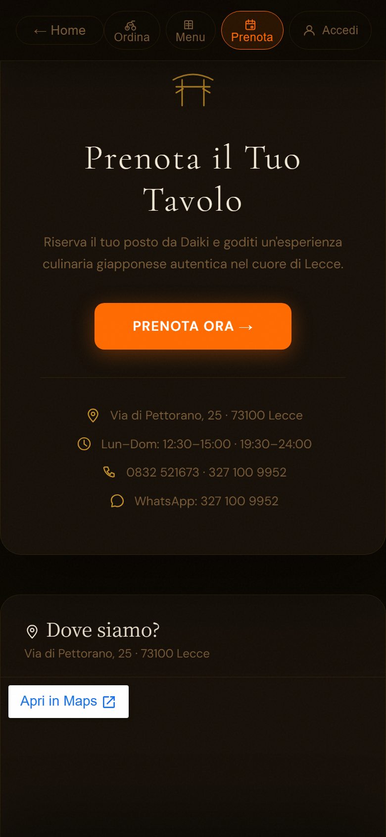 La pagina per prenotare il tavolo da Daiki
