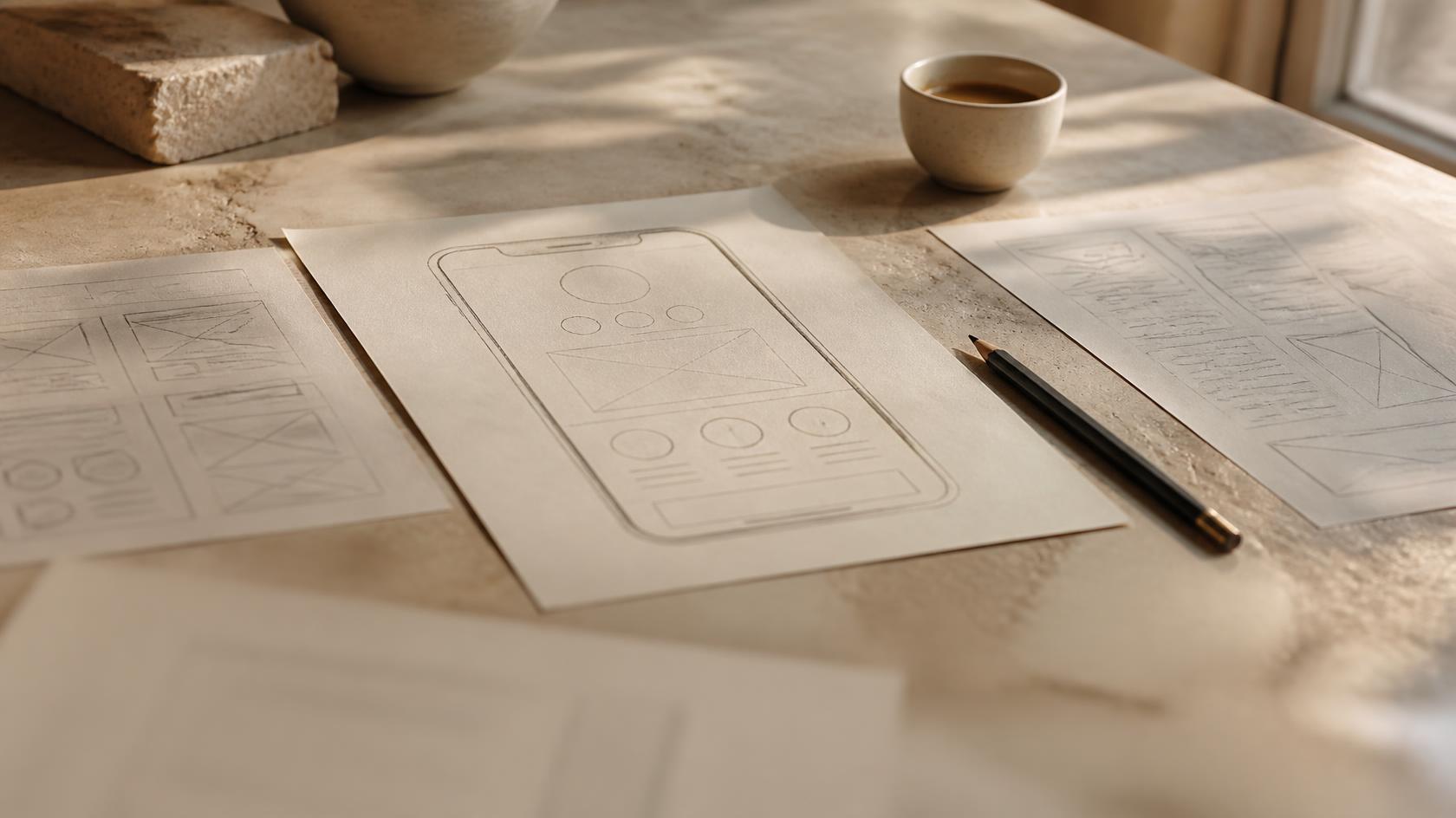 Fogli con schizzi a matita di un&rsquo;app e di un sito, su un tavolo di pietra accanto a una tazza di caffè